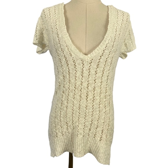 Vintage Y2K Maurices Medium Cream Open Knit Hooded Deep V Neck Sweater Tunic - Picture 1 of 9